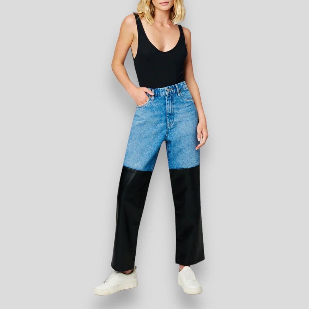 Blank NYC Jeans Womens‎ 26 Blue Baxter Wide Leg Rib Cage Moto Faux Leather Biker